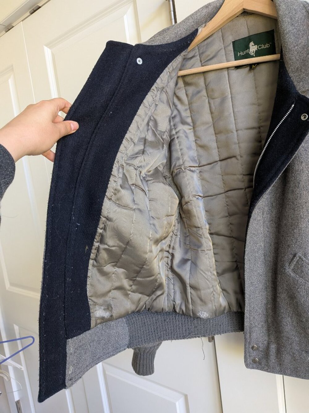Vintage Hunt Club Wool Jacket Men M Gray Collared Bomber Jacket Made in USA - Picture 13 of 16
